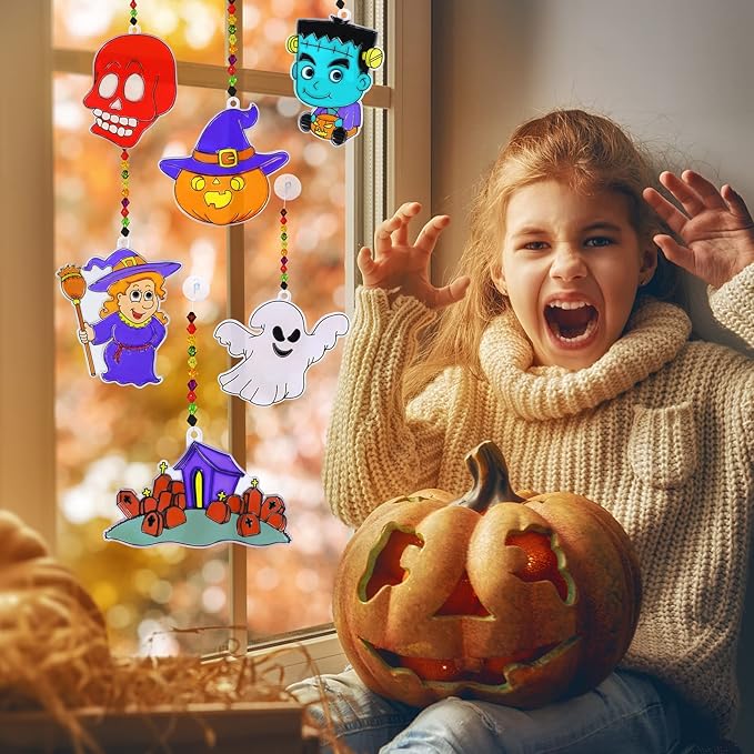 Winlyn 27 Sets Halloween Suncatchers Ornaments Decorations DIY Window Paint Art Suncatchers Halloween Craft Kits Jack-O'-Lantern Bat Ghost Skull Sun Catchers for Kids Classroom Activities Art Project