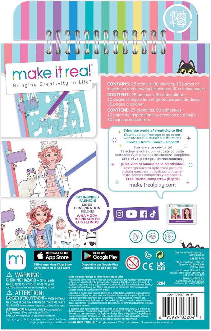 Make It Real Fashion Design Sketchbook for Girls - Pretty Kitty Cat-Themed Design Kit with Stencils, Stickers, Guide - Unleash Creativity, Develop Skills, for Kids Ages 6