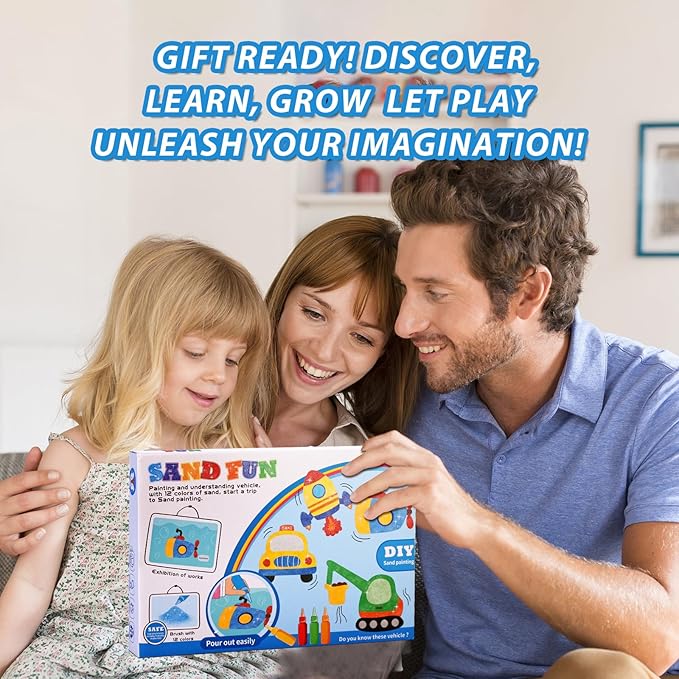 Colorful Sand Art Kit Crafts for Kids Ages 4-8- 12 Colored Sands, 16 Vehicles Sand Art Pictures - DIY Crafts Set for Girls and Boys,Arts and Crafts for Kids Ages 8-12