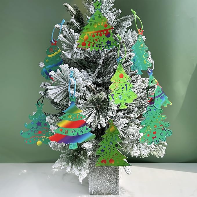Winlyn 54 Sets 9 Styles Magic Color Scratch Green Christmas Tree Ornaments Christmas Rainbow Scratch Art Decorations Christmas Craft Kits for Kids Classroom Activities Winter Season Party Favors