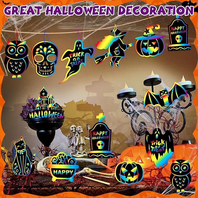 YEGEER 96PCS Halloween Craft Kit for Kids, Magic Scratch Off Paper Hanging Ornaments Set with 48pcs Wooden Stylus, 96pcs Cords for Halloween Games, Party Favors, Art Craft Supplies