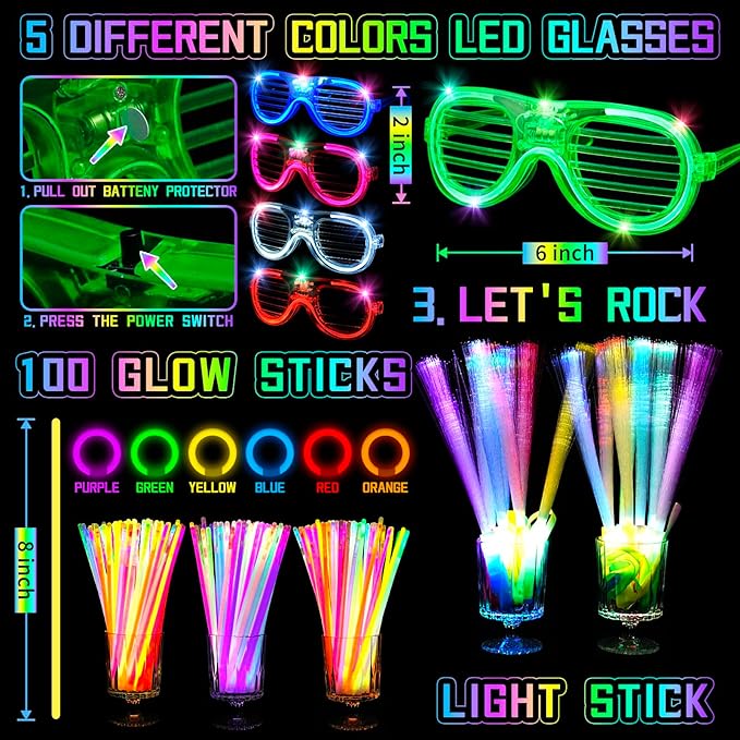 263 PCs Glow Party Supplies, 16 Foam Glow Sticks, 15 LED Glasses and 200 Glow Sticks & Bracelets, 10 light up headband feather,12 Glow sticks headband,6 Fiber Optic Hair Light,4 Glow Fiber Optic Wands