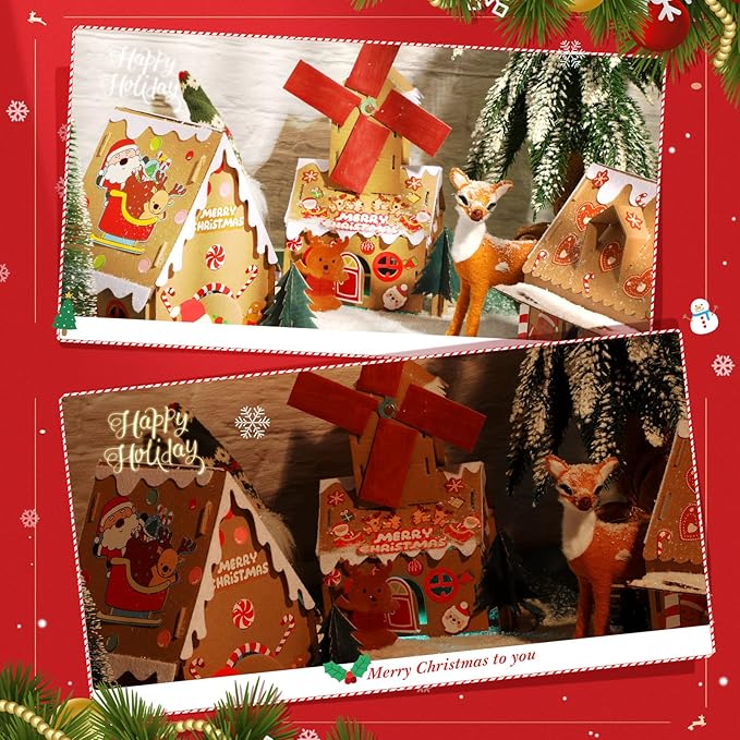 Sumind 3 Sets Christmas Gingerbread House Kit Small Xmas DIY Craft Kit Mini Christmas Cardboard Make-a-Gingerbread House Craft for Christmas Party Craft Holiday Supplies Decor(Lovely Style)