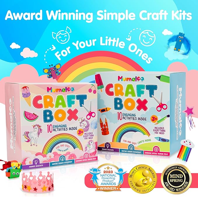 Unicorn Craft Box - 10 Fun Arts and Crafts for Kids Ages 4-8, No Mess, Educational, Mermaid Art Projects, Toddler Crafts & Activities Kit with Supplies, Gift for Girls 3 4 5 6 7 8 Years Old