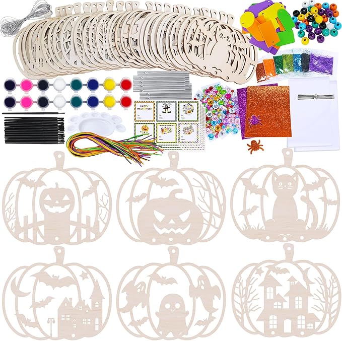 Winlyn 24 Sets Halloween Crafts Fall Pumpkin Crafts DIY Unfinished Paintable Wooden Pumpkin Wind Chimes Ornaments Craft Kits for Kids Classroom Activities Art Project Halloween Decoration Party Favors