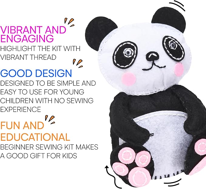 Neliblu Beginner Sewing Kit for Kids - Panda Pillow Kits - Learn to Sew for Girls - My First Sewing Kit - Kids' Arts and Crafts Project - Stuffed Animal Decoration - Creative Activities for Kids