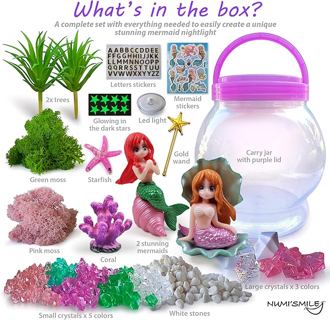 Make Your Own Light-Up Mermaid Terrarium Kit for Kids, Mermaid Gifts for Girls Ages 4 5 6 7 8 9 10 Years and up, DIY Mini Garden Nightlight Project, Arts and Crafts for Kids, Mermaid Toys for Girls