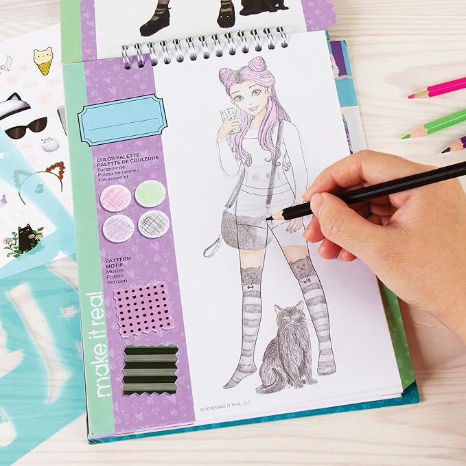 Make It Real Fashion Design Sketchbook for Girls - Pretty Kitty Cat-Themed Design Kit with Stencils, Stickers, Guide - Unleash Creativity, Develop Skills, for Kids Ages 6