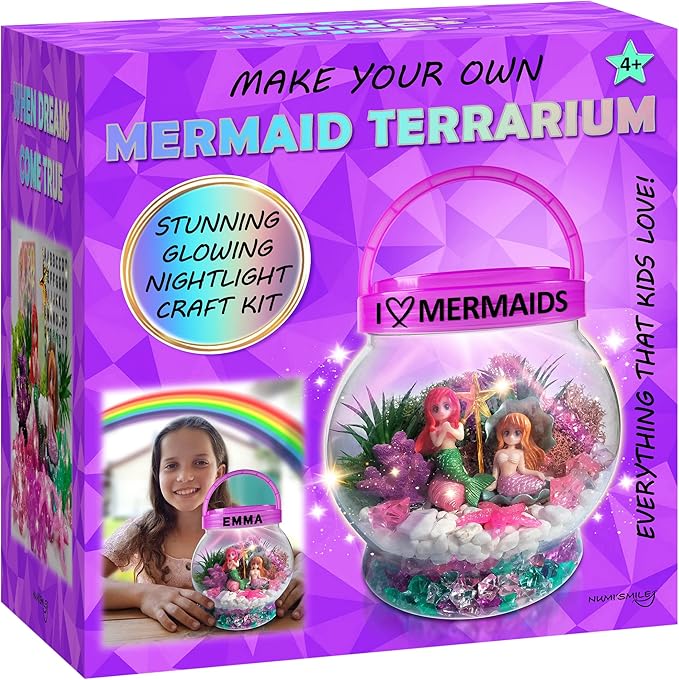 Make Your Own Light-Up Mermaid Terrarium Kit for Kids, Mermaid Gifts for Girls Ages 4 5 6 7 8 9 10 Years and up, DIY Mini Garden Nightlight Project, Arts and Crafts for Kids, Mermaid Toys for Girls