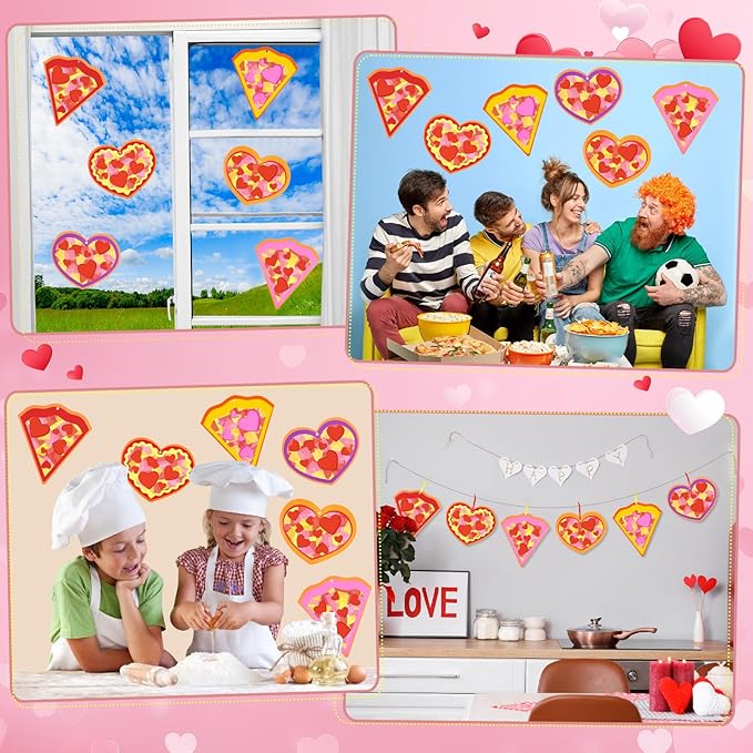 Tinlade 24 Pcs Valentine‘s Day Craft Kit Pizza Heart Shaped Suncatcher Craft Window DIY Tissue Paper Decoration Ornament for Classroom Valentines Party Favor Supplies