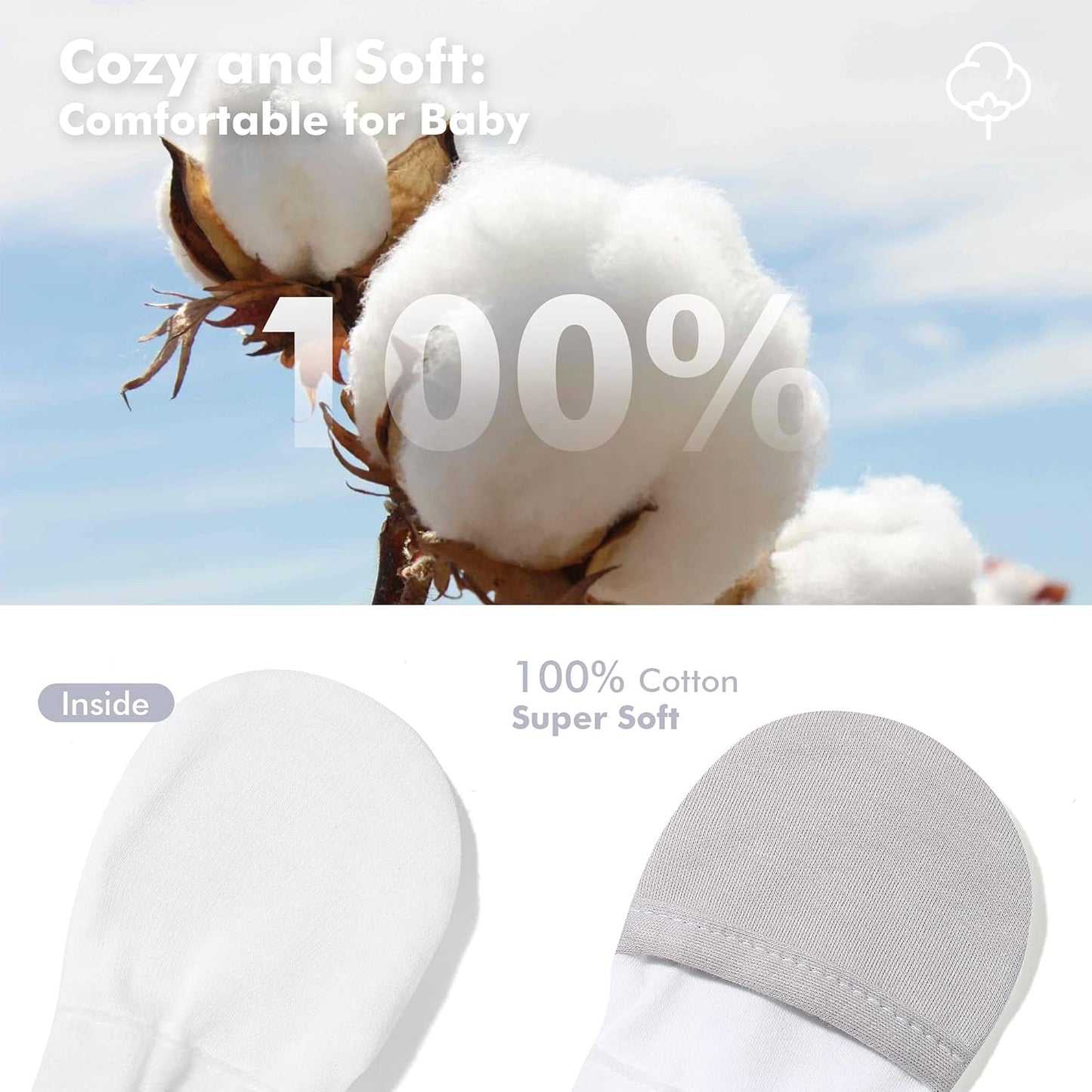 HAPIU Baby No Scratch Mittens Stay On, 100% Cotton Breathable, Adjustable Infant Gloves for Boys Girls, Newborn - 12 M