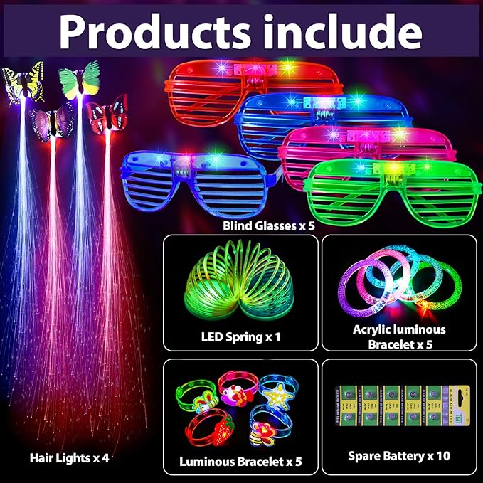Max Fun 88Pcs LED Light Up Toy Party Favors Glow In The Dark Party Supplies Bulk, Glow Sticks Halloween Party Favors Pinata Stuffers for Adult Kids 4-8 8-12 with 40 Finger Lights, 5 LED Glasses, 5