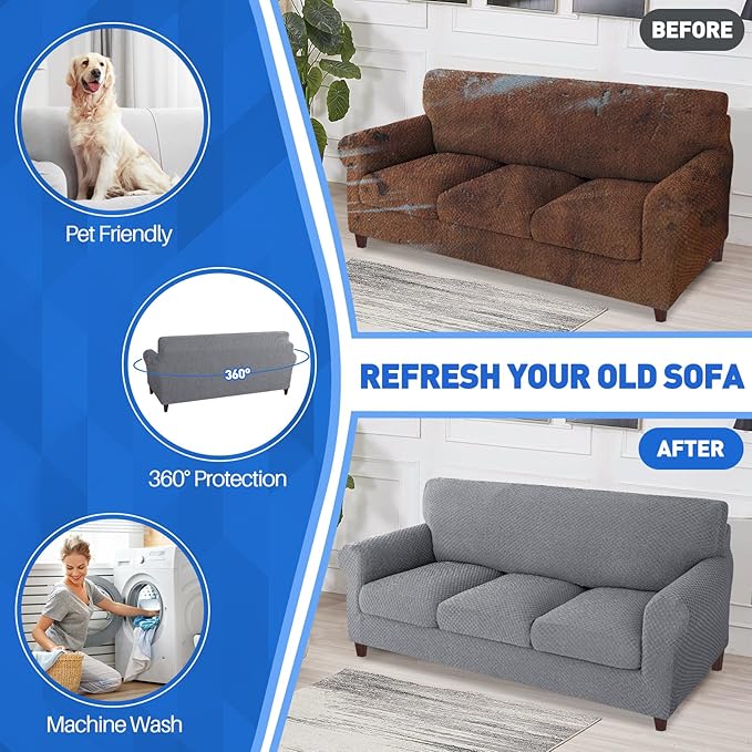 MAXIJIN 4 Piece Jacquard Extra Large Couch Covers for 3 Cushion Couch Super Stretch Non Slip Couch Cover for Dogs Pet Friendly Sofa Slipcover Furniture Protector (Oversized Sofa, Light Gray)