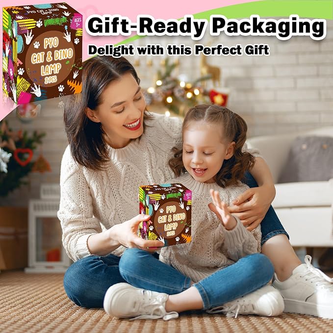 FUNZBO 2Pcs Paint Your Own Dinosaur & Cat Lamp Kit - Arts and Crafts for Kids Teens Adults, Art Supplies Painting Kits for Kids, Toys for Girls Boys Halloween Birthday Gift Ages 3+