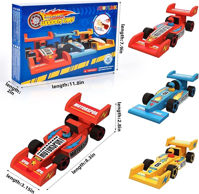 Atoylink DIY Wooden Cars Crafts for Kids Easy Assemble & Paint Your Own Race Cars 3 Pack Model Car Kits Woodworking Arts and Crafts for Boys Girls Gifts
