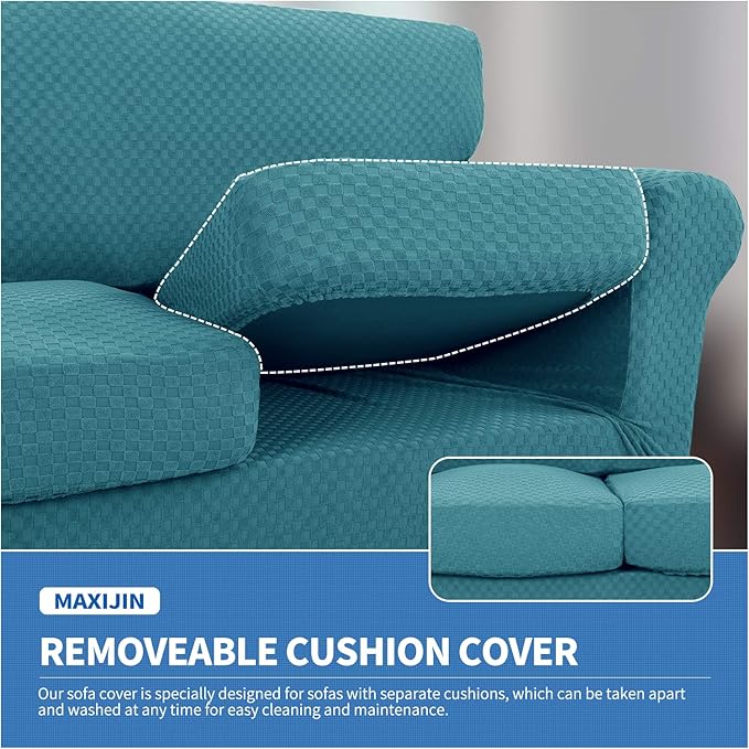 MAXIJIN 4 Piece Couch Covers for 3 Cushion Couch Super Stretch Non Slip Couch Cover for Dogs Pet Friendly Elastic Jacquard Furniture Protector Sofa Slipcovers (Sofa, Peacock Blue)