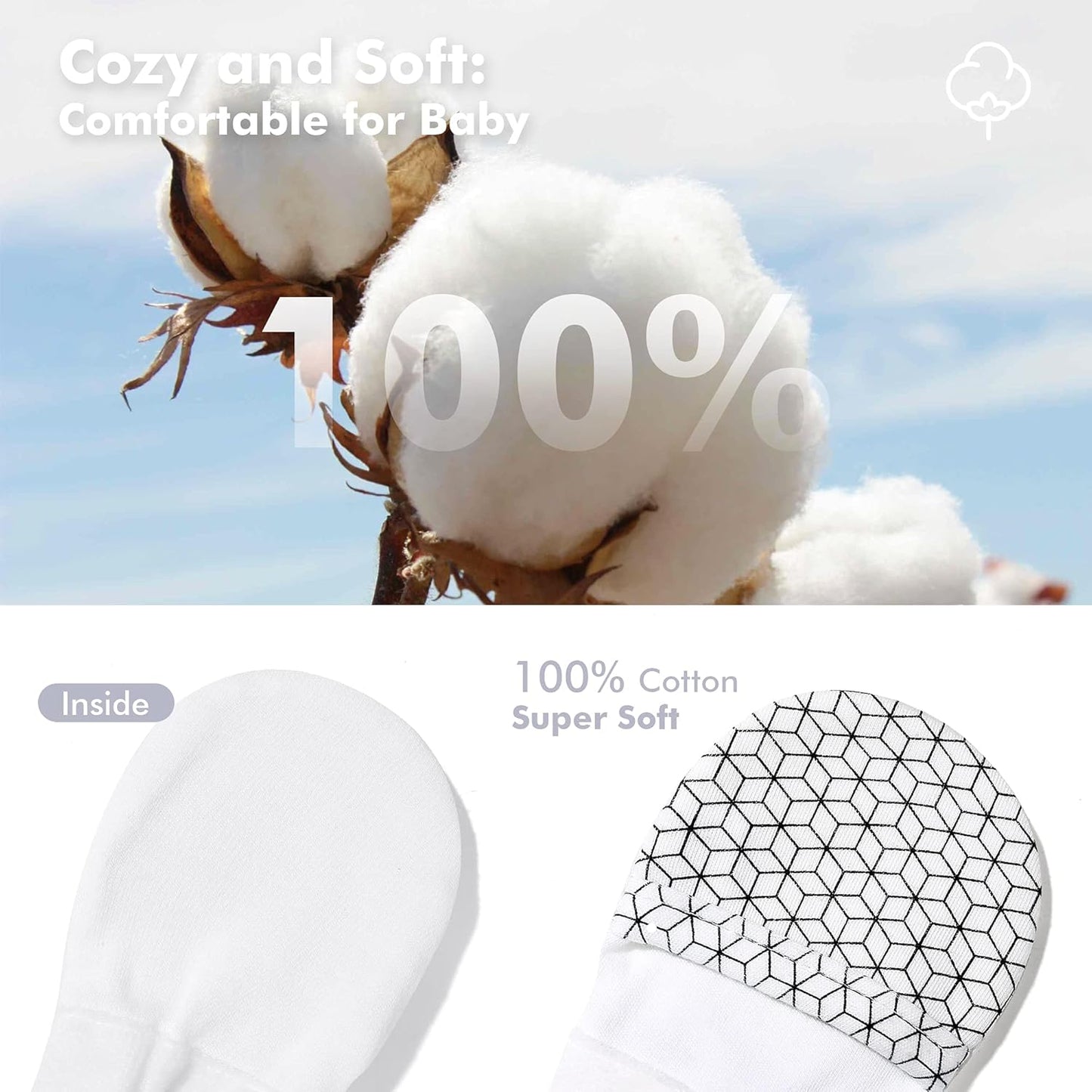 HAPIU Baby No Scratch Mittens Stay On, 100% Cotton Breathable, Adjustable Infant Gloves for Boys Girls, Newborn - 12 M