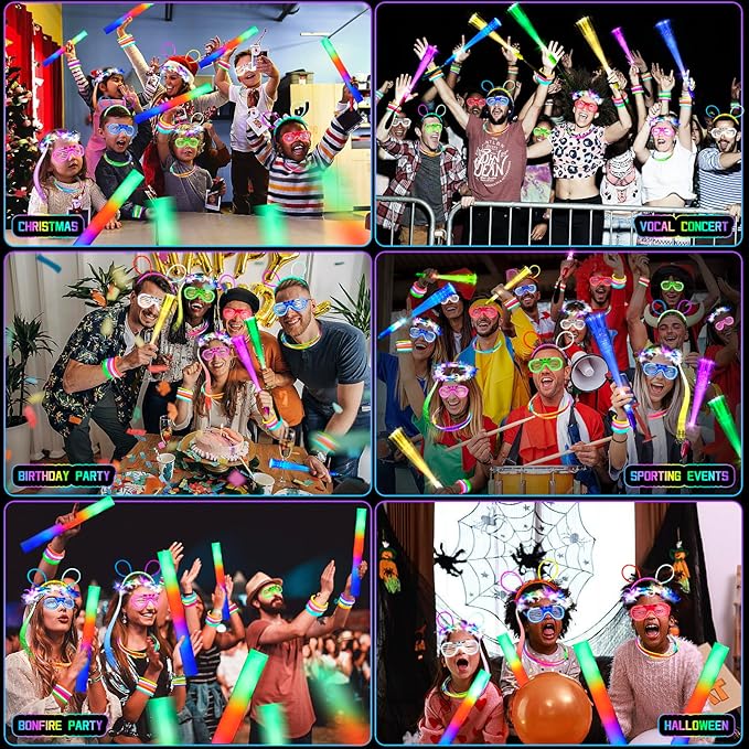 263 PCs Glow Party Supplies, 16 Foam Glow Sticks, 15 LED Glasses and 200 Glow Sticks & Bracelets, 10 light up headband feather,12 Glow sticks headband,6 Fiber Optic Hair Light,4 Glow Fiber Optic Wands