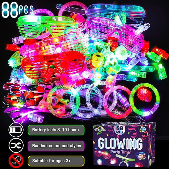 Max Fun 88Pcs LED Light Up Toy Party Favors Glow In The Dark Party Supplies Bulk, Glow Sticks Halloween Party Favors Pinata Stuffers for Adult Kids 4-8 8-12 with 40 Finger Lights, 5 LED Glasses, 5