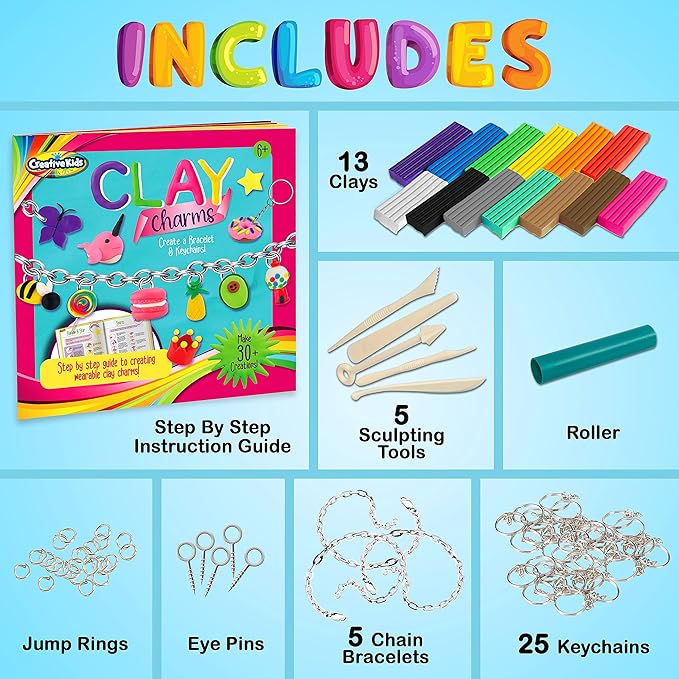 Creative Kids Clay Charms - Sculpt Over 30 Various Clay Charms - Make Charm Bracelets and Keychains with 13 Air Clay Colors - Great Kids Activity Birthday Gift for Boys and Girls Ages 6+