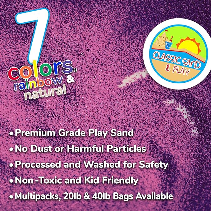 Classic Sand and Play Purple Colored Play Sand, 20 lb. Bag, Natural and Non-Toxic, Fun Wet and Dry Indoor and Outdoor, Sandbox, Therapy, and Table Use, Building, Stimulate Sensory Needs