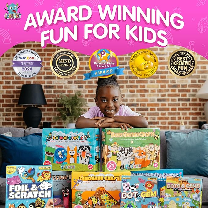 Craftikit® 10 Dot Art & Gem Art Animal Crafts for Kids Ages 3-8 - Kids Gem Painting & Dot It Sticker Art - Arts and Crafts for Kids Ages 4-8