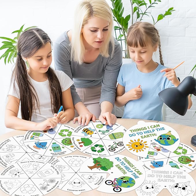 COcnny Earth Day Coloring Craft- 24 Sets Color Your Own Globe Art Craft DIY Wheel Cards for Kids, Save The Earth Eco Natural Spining Paper Craft Art for Sunday School Home Class Preschool Activities