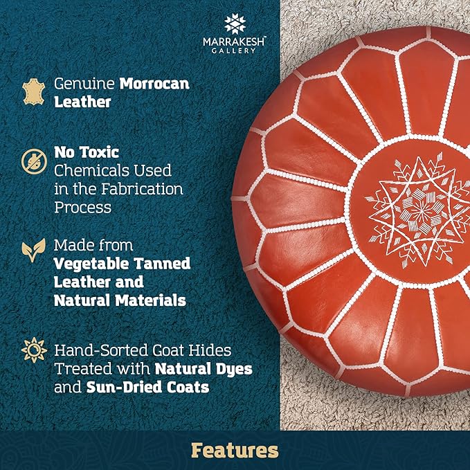Marrakesh Gallery Genuine Leather Round Pouf Unstuffed - Moroccan Ottoman Footstool, Footrest Cover - Boho Decor - Bohemian Living Room, Bedroom, Kids Room, Gift & Wedding