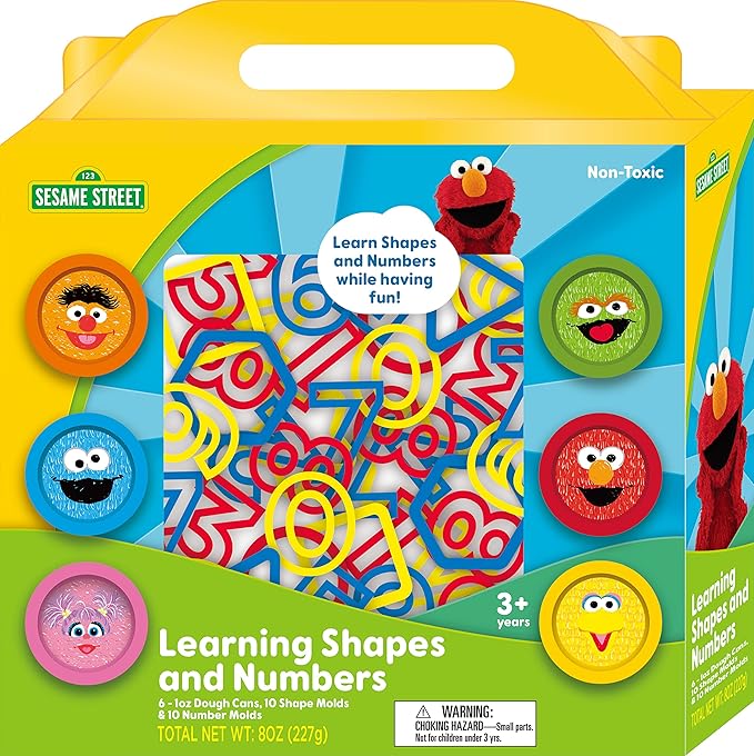 Sesame Street Learning Shapes and Numbers with Dough | 6 1-oz Cans of Sesame Street Dough &10 Shapes Molds | 10 Number Molds Gift for Kids | Fun & Educational