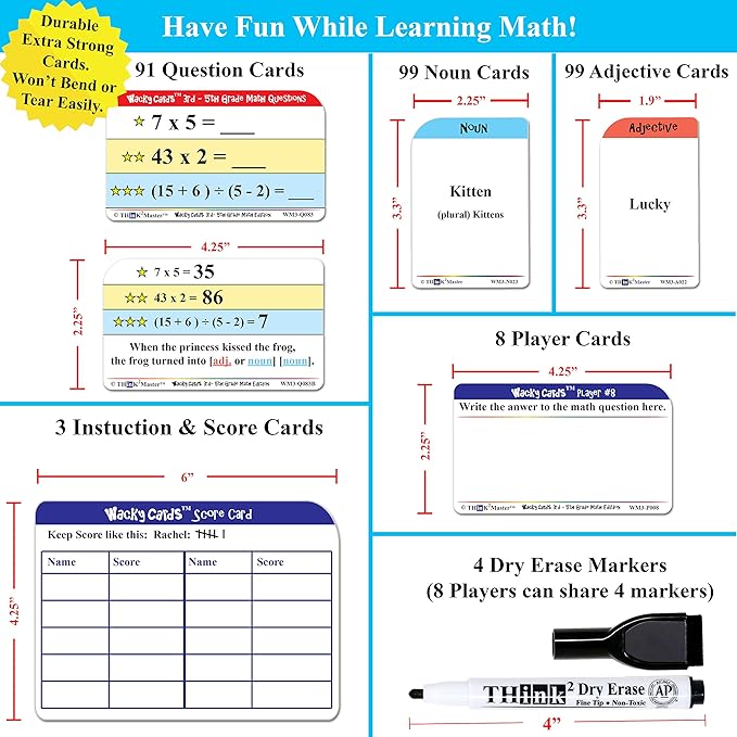 Think2Master Wacky Cards 3rd - 5th Grade. Math Card Game for Families & Classroom. Make Hilarious Sentences While Practicing Math Including Multiplication, Division & Algebra.