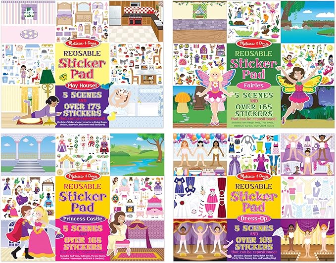 Melissa & Doug Reusable Sticker Pads Set: Fairies, Princess Castle, Play House, Dress-Up - 680+ Stickers