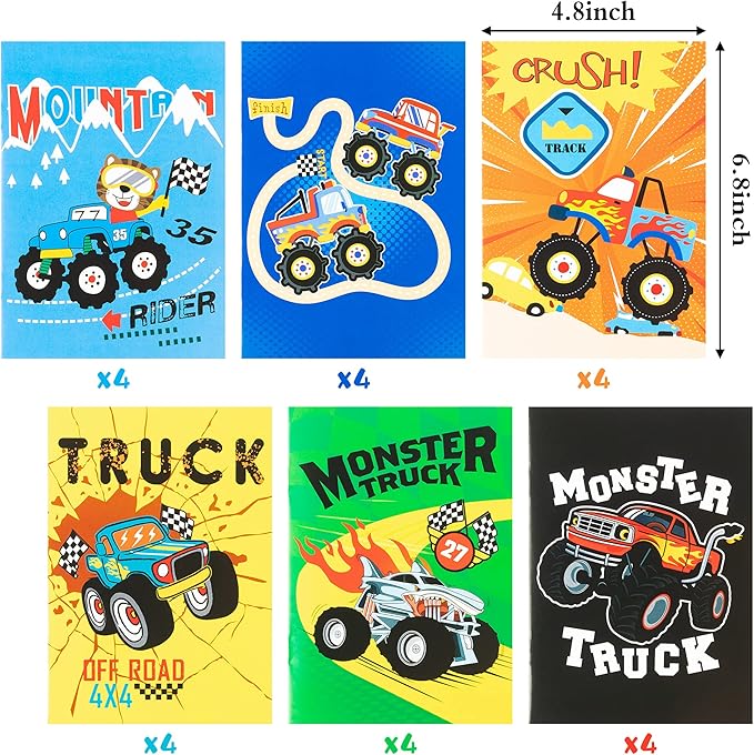 MALLMALL6 24Pcs Monster Truck Coloring Books Including Trucks Off Road 4x4 Muscle Cars SUV DIY Art Drawing Pattern Birthday Party Favors Gifts Home School Classroom Activity Supply for Kids Boys Girls