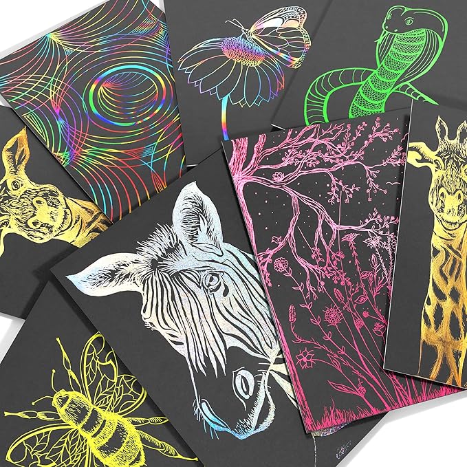 Marvin's Magic - Super Bright Scratch Art - x48 Premium Magic Scratch Boards - Scratch Art Kit with Black Scratch Paper & Rainbow Scratch Paper - Scratch Art for Kids