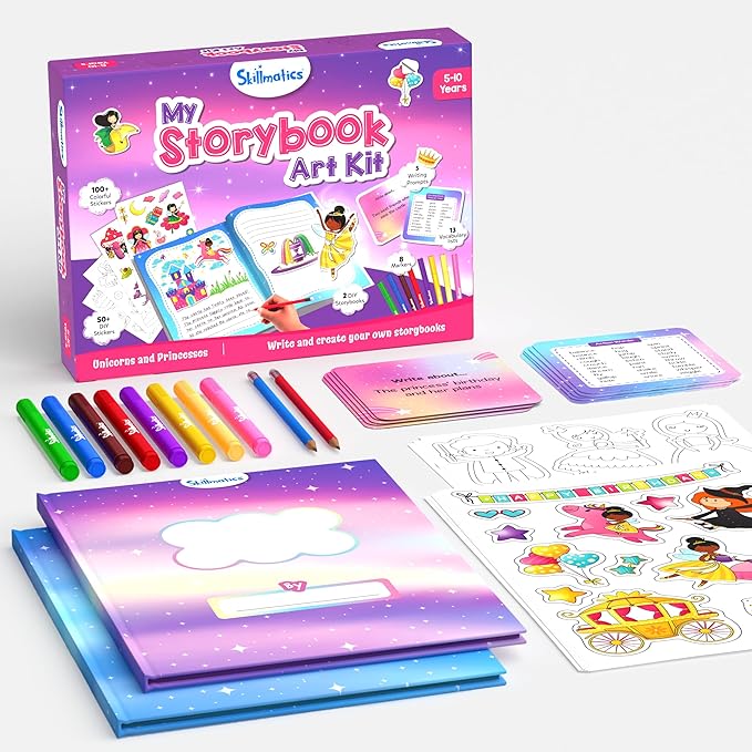 Skillmatics Storybook Art Kit - Unicorns & Princesses Art Kit for Kids, Write & Create Fairytale Storybooks, Creative Activity for Girls, DIY Kit, 150+ Stickers, Gifts for Ages 5, 6, 7, 8, 9, 10