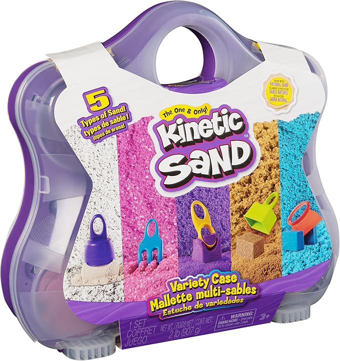 Kinetic Sand, Variety Case with 2lbs Play Sand (Beach, Neon & Shimmer) & 5 Tools, Reusable Storage, Sensory Toys for Kids Ages 3 and up