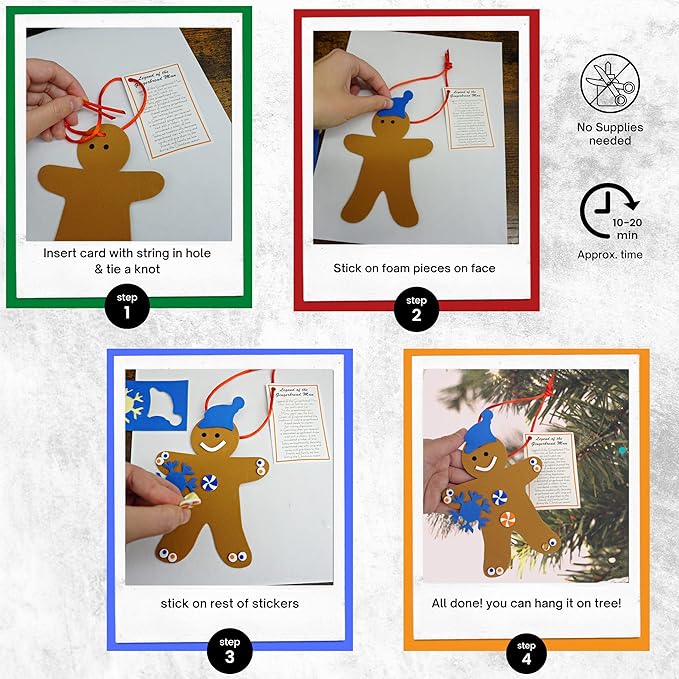 4E's Novelty Legend of Gingerbread Man Ornament Craft - 12 Pack Bulk Foam Christmas Ornaments Set, Ages 3-12, Self-Adhesive, DIY Ornaments for Christmas Tree, Classroom Art Project