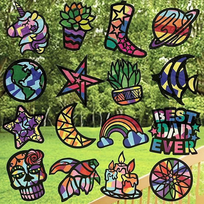 VHALE Suncatchers Craft 3 Sets (9 Cutouts) w Tissue Papers Stained Glass Effect Paper Sun Catcher Kit, Window Art, Classroom Crafts, Creative Art Projects, Kids Party Favors (Thanksgiving)