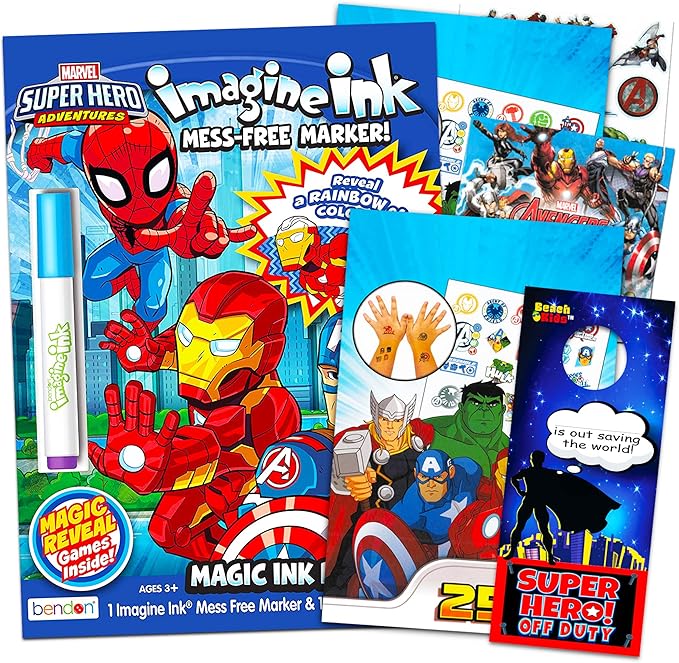 Marvel Super Hero Adventures Imagine Ink Coloring Book Activity Set ~ No Mess Magic Ink Activity Book with Avengers Stickers and Temporary Tattoos (Superhero Coloring Books)