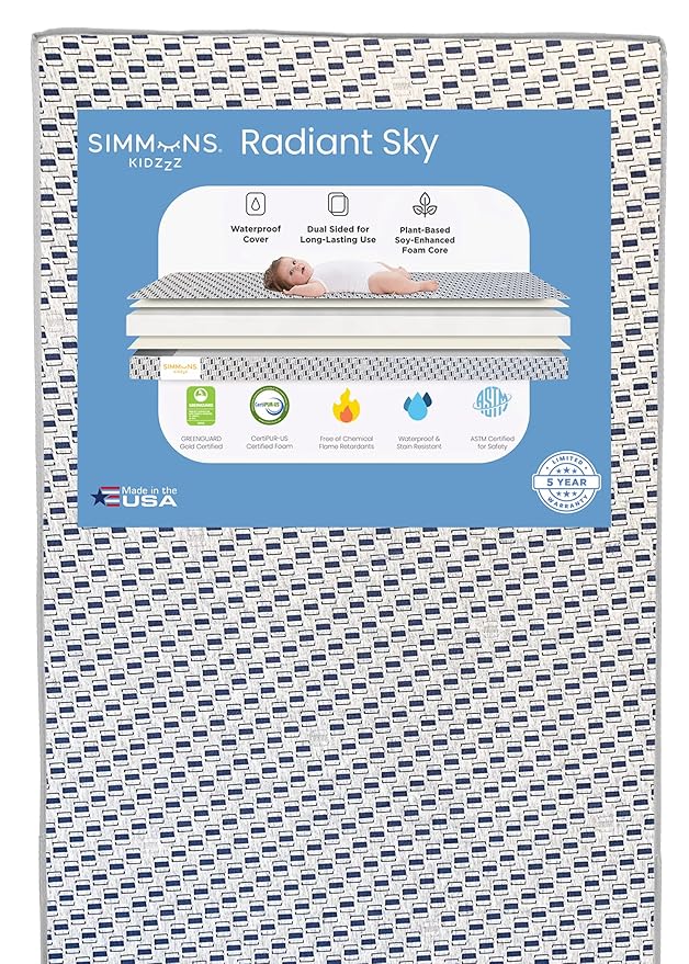 Simmons Kids Radiant Sky Dual Sided Baby Crib Mattress and Toddler Mattress, Waterproof, GREENGUARD Gold and CertiPUR-US Certified, Firm Plant-Based Foam, 5 Year Warranty, Made in USA