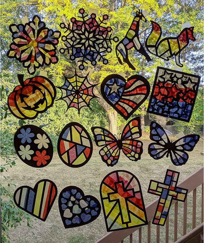 VHALE Suncatchers Craft 3 Sets (9 Cutouts) w Tissue Papers Stained Glass Effect Paper Sun Catcher Kit, Window Art, Classroom Crafts, Creative Art Projects, Kids Party Favors (Fall Leaf)