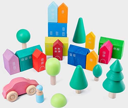 'Little Houses' Rainbow Large 15 Piece Rainbow Blocks, Wooden Toys for Kids, Geometric Stacking Educational Building Block Set