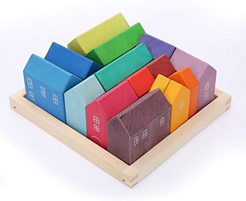 'Little Houses' Rainbow Large 15 Piece Rainbow Blocks, Wooden Toys for Kids, Geometric Stacking Educational Building Block Set