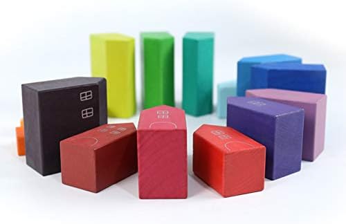 'Little Houses' Rainbow Large 15 Piece Rainbow Blocks, Wooden Toys for Kids, Geometric Stacking Educational Building Block Set