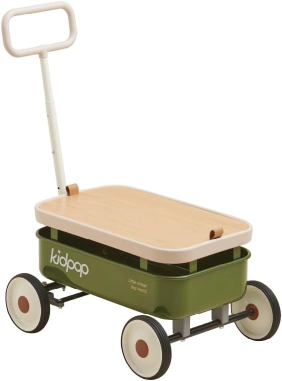PULA-Wild 3-in-1 Kids' Pull-Along Wagon Toddlers Push Walker for 2.5-8, Removable Wooden Cover and Adjustable Handlebar, Birthday Gifts Max Weight 33 lbs (Green)