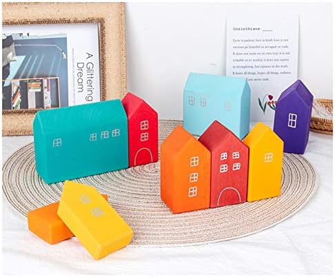 'Little Houses' Rainbow Large 15 Piece Rainbow Blocks, Wooden Toys for Kids, Geometric Stacking Educational Building Block Set