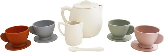 Marlowe & Co Silicone Tea Play Set for Children, 12 Piece Dishwasher Safe Tea Gift Set for Toddlers (Cream Multi Mix)