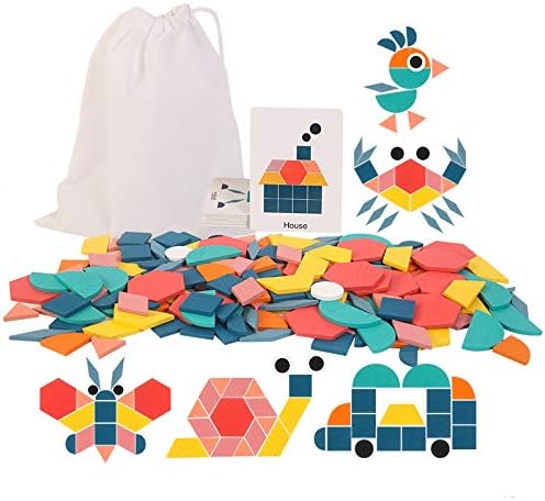USATDD 180 Pcs Wooden Tangrams Pattern Blocks Set Geometric Manipulative Shape Puzzle Kindergarten Classic Educational Montessori Toys for Kids Toddlers Ages 4-8 with 24 Pcs Flash Cards