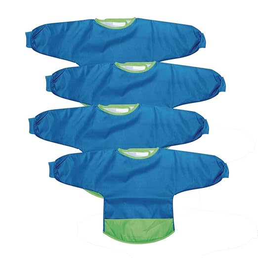 Colorations Long Sleeve Polyester, Set of 4, Machine Washable, 30" Wide and 16" Long, Soft and , Kids Smock, Crafting Smock, Smock for Children, Painting Smock