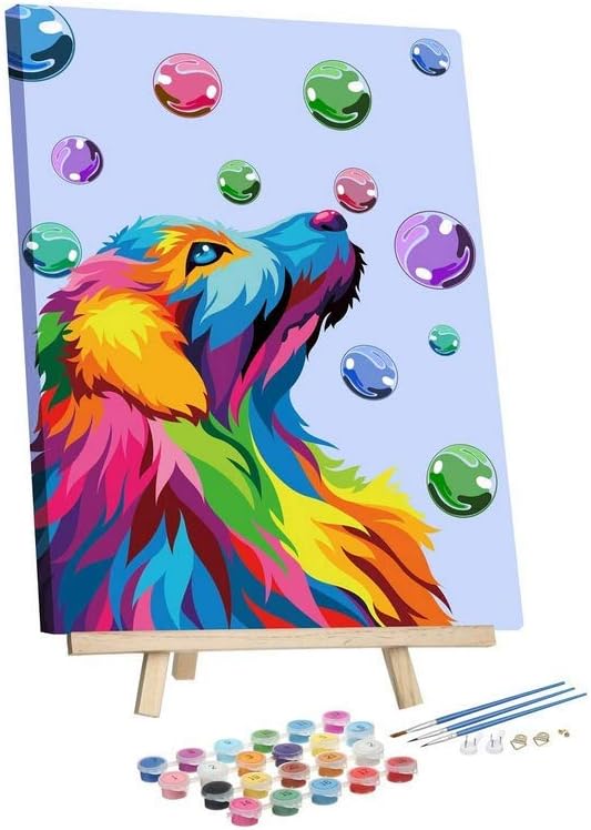 Paint by Numbers for Adults & Kids,DIY Oil Painting Kit – 12” x 16” Dog and Bubbles Pattern with Wooden Easel