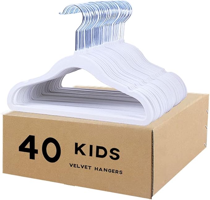 Kids Velvet Clothes Hangers, Non Slip Baby Hangers White (11.6" Inch - 40 Pack)